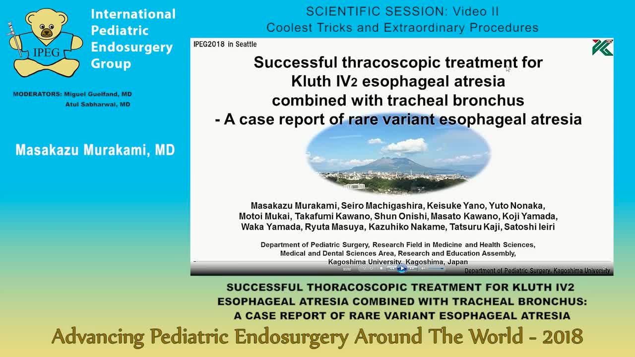 SUCCESSFUL THORACOSCOPIC TREATMENT FOR KLUTH IV2 ESOPHAGEAL ATRESIA COMBINED WITH TRACHEAL BRONCHUS